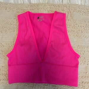 Hot Pink Ribbed V-Neck Crop Tank